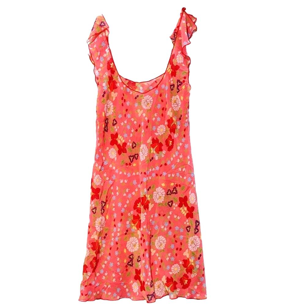 Josie Natori Floral Sheer Slip Dress Coverup Nightie Pink Coral Red Womens Small